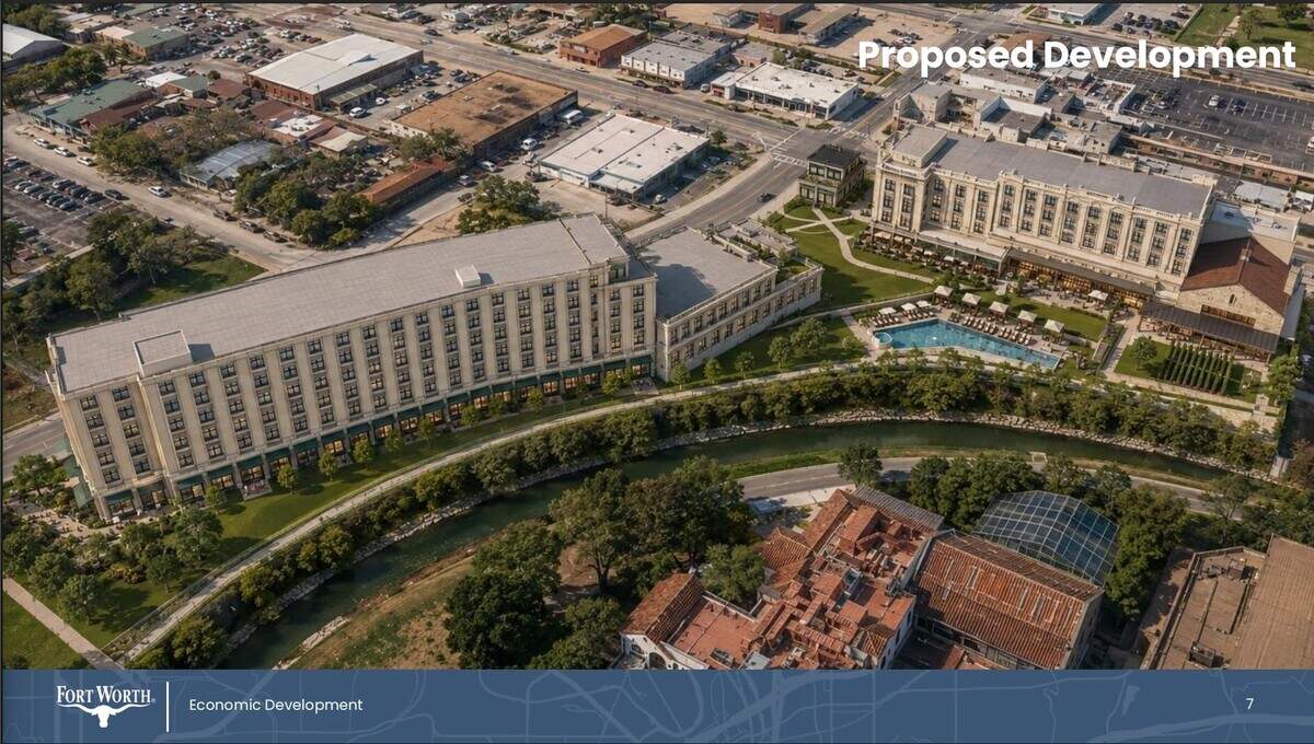 A bird’s-eye view of the proposed $160 million development showing the proposed Marine Creek promenade and resort style pool.